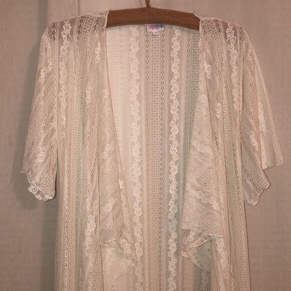LuLaRoe S Monroe Ivory Lace Short Sleeve Open Waterfall Black Tassel Cardigan - Picture 3 of 12